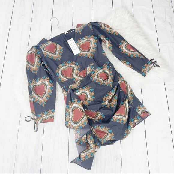 Rhode Piper  Blue Ebony Heart Print VNeck Long Puffed Sleeve‎ Size Large NEW - Picture 2 of 5